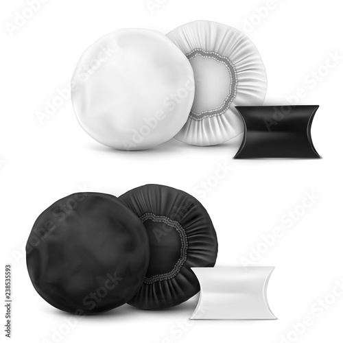 Vector. Mock Up. White and black waterproof Shower cap with pillow box packaging