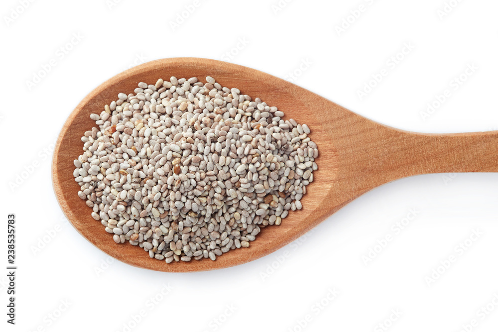 White chia seeds in wooden spoon isolated on white background White chia seeds in wooden spoon isolated on white background