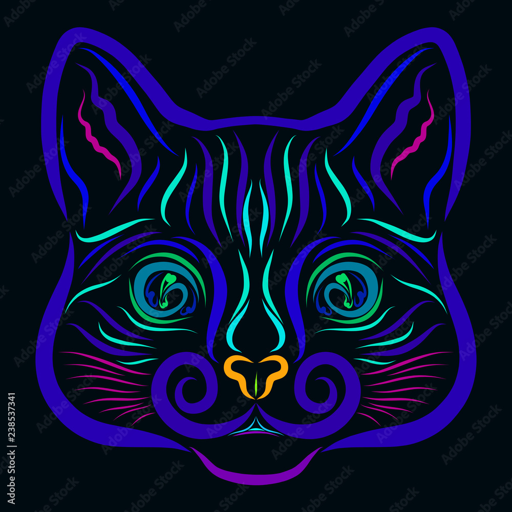 Blue head of a magical cat on a black background, pattern