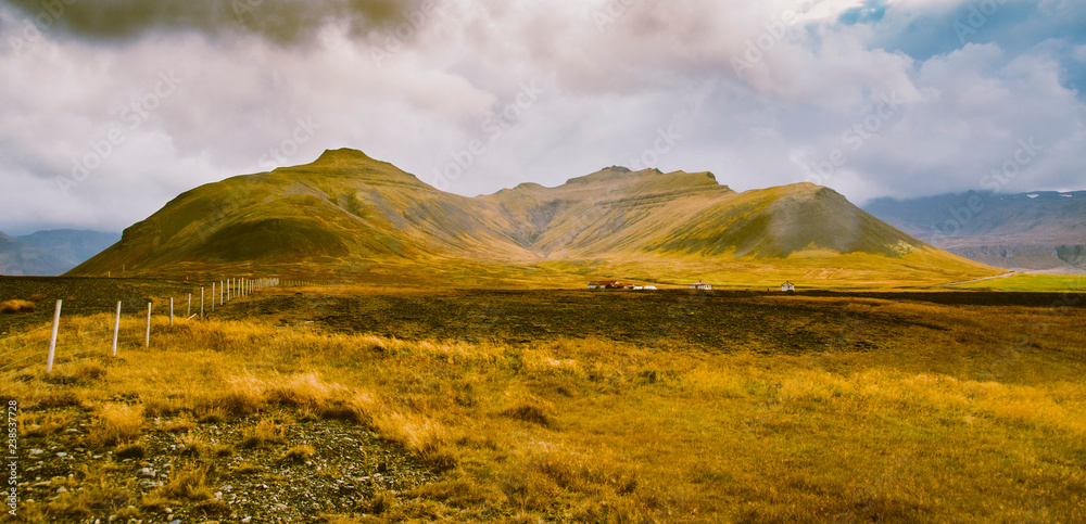 Landscape of green and leafy pastures in the mountainous valleys of Iceland.