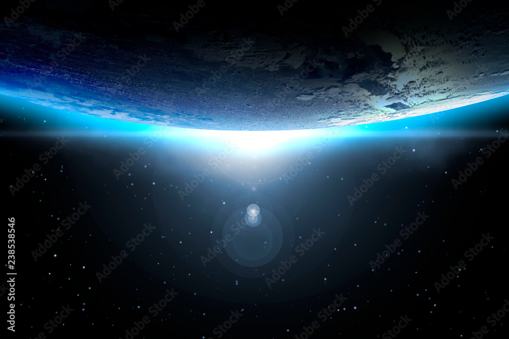 creative cosmic art. planet earth with sunrise and sun flare. abstract wallpaper. Elements of this image furnished by NASA f - obrazy, fototapety, plakaty 