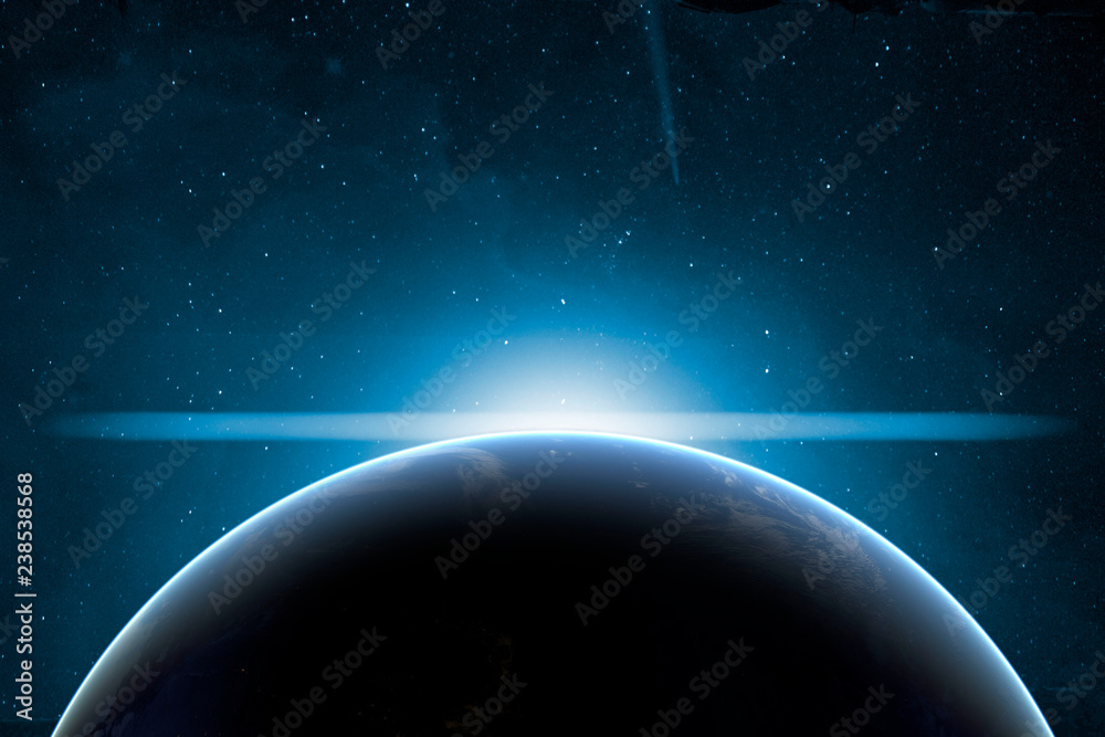 creative cosmic art. planet earth with sunrise and sun flare. abstract wallpaper. Elements of this image furnished by NASA f