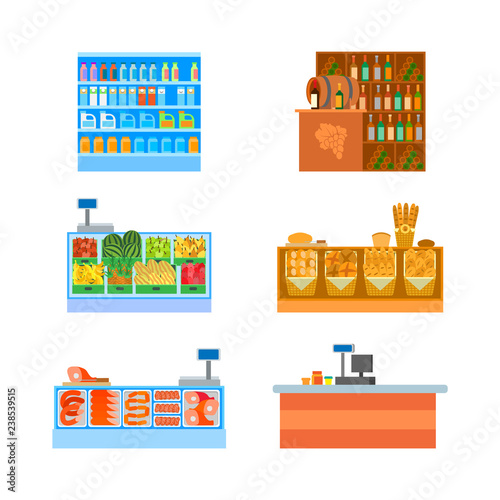 Fototapeta Naklejka Na Ścianę i Meble -  Supermarket Business Counters Shelves Set Vector