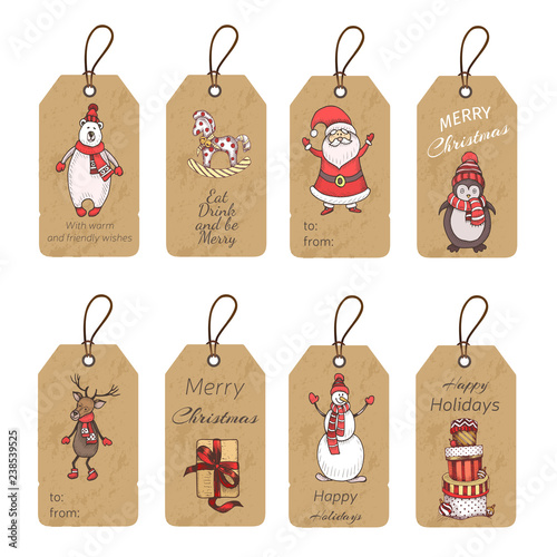 Christmas gift tags with hand drawing elements. Vector illustration sketch Holidays.