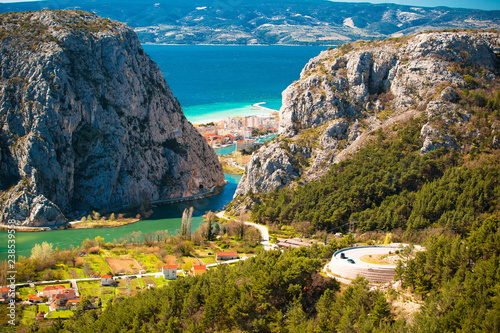 Cetina river canyon and mouth in Omis view from above photo