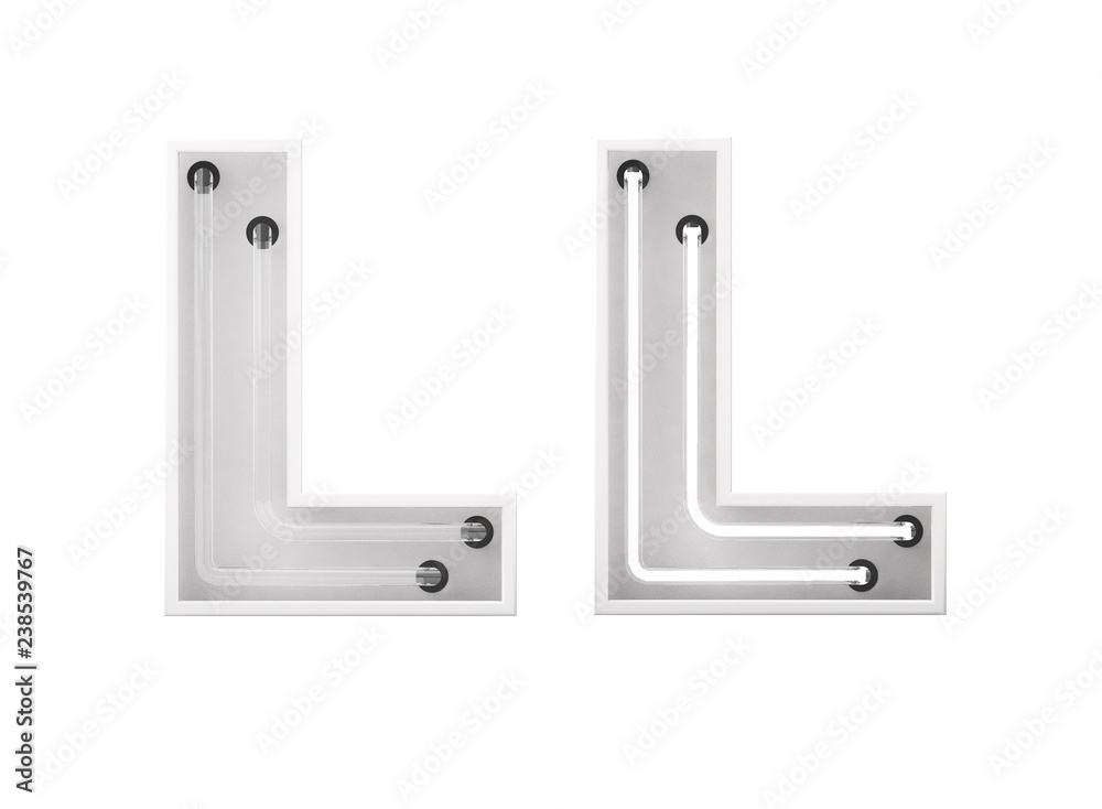 White neon style light letter L. On and Off neon lettering. 3D rendering White neon style light letter L. On and Off neon lettering. 3D rendering