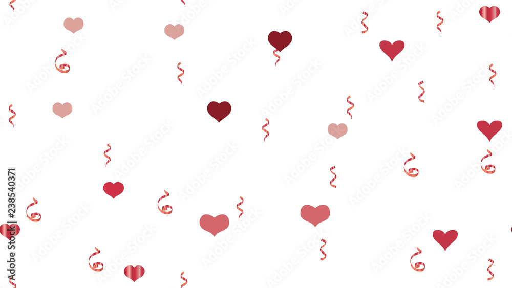 Stylish Pattern of Hearts and Serpentine. The foundation of packaging, textiles, wallpaper, banner, printing. Scattered Red confetti. Vector Seamless Pattern on a White fond.