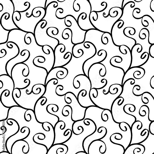 Seamless pattern with black swirls on a white background. Hand drawn. Texture for print, wallpaper, home decor, textile, package design, invitation or website background.