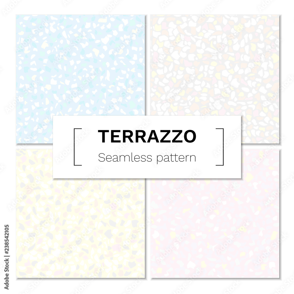 Vector set of seamless terrazzo pattern. Marble mosaic flooring with natural stones, granite, concrete.  Pastel colors