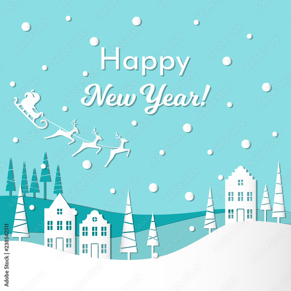 Vector illustration greeting card for winter holidays. Santa Claus with reindeers and sleigh on sky. Trees and european houses. Text: Happy New Year. Paper cut out style. Blue and white colors.  