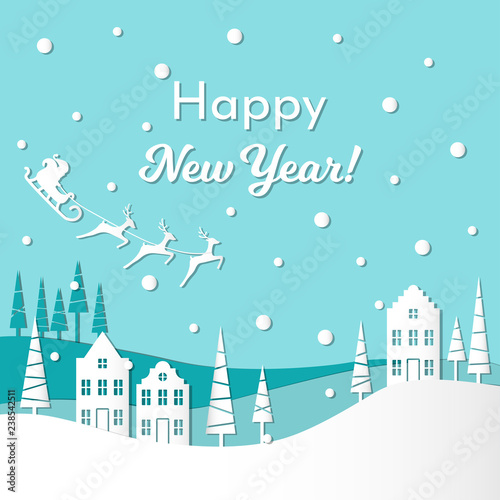 Vector illustration greeting card for winter holidays. Santa Claus with reindeers and sleigh on sky. Trees and european houses. Text: Happy New Year. Paper cut out style. Blue and white colors. 