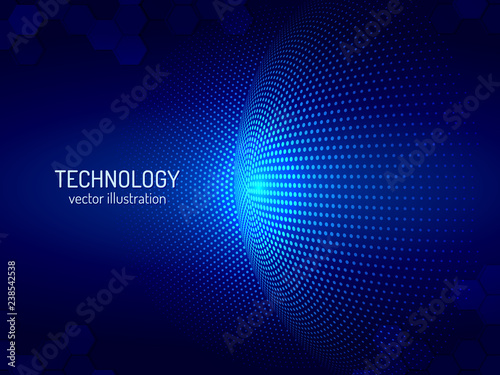Abstract technical background from spheres. Perspective circle with the effect of glow and glare. Halftone  vector illustration