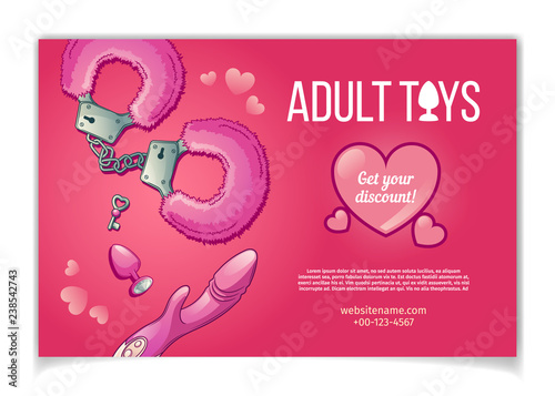 Adult toys and accessories for sexual role play cartoon vector banner or poster with pink, fluffy handcuff with key, vibrator or dildo and butt plug illustration. Sex shop new assortment advertising