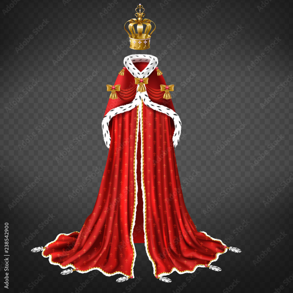 Royal garment realistic vector with queen, princess golden crown decorated gems, red cape with bows and mantle with ermine fur illustration isolated on transparent background. Monarch ceremonial cloth