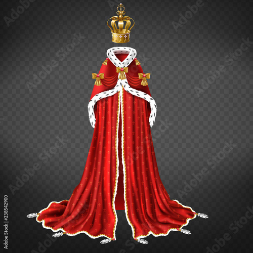 Royal garment realistic vector with queen, princess golden crown decorated gems, red cape with bows and mantle with ermine fur illustration isolated on transparent background. Monarch ceremonial cloth