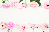 Floral frame of pastel pink roses and peonies on white background. Flat lay, top view. Spring time composition