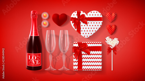 Set of Happy Valentine's Day attributes. Vector illustration with top view on realistic bottle of champagne, gift boxes, glasses of champagne, lollipop, ring box, candles and textile hearts.