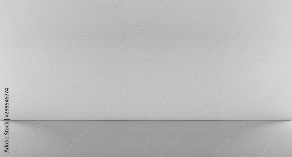 Empty abstract white space with curve wall. Modern blank showroom with floor. Future concept background. 3d rendering.