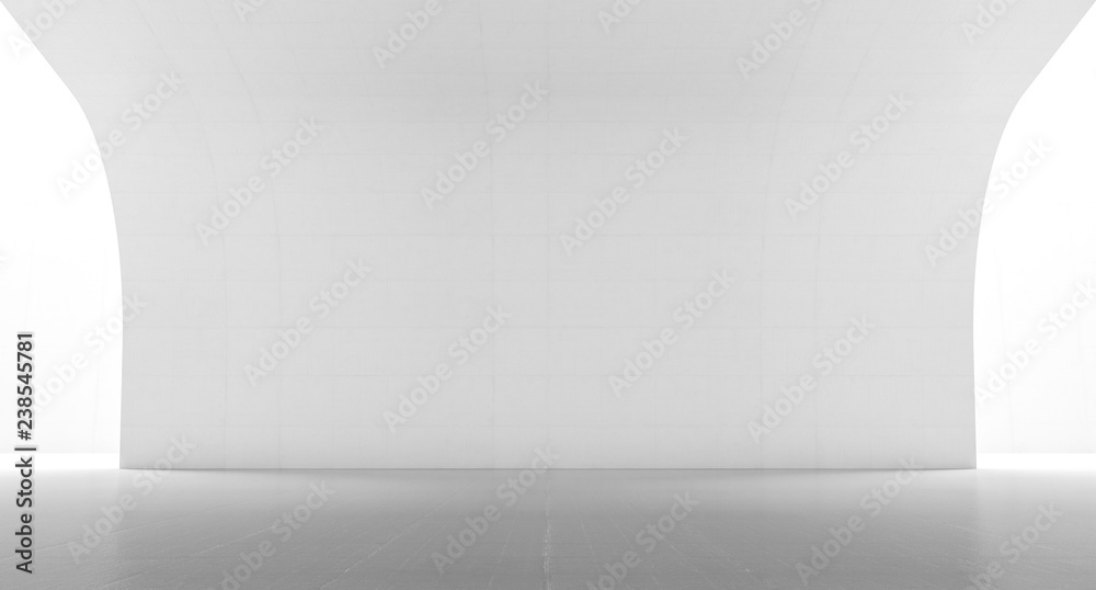 Empty abstract white space with curve wall. Modern blank showroom with floor. Future concept background. 3d rendering. Empty abstract white space with curve wall. Modern blank showroom with floor. Future concept background. 3d rendering.