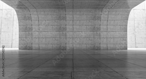 Empty concrete space with curve wall. Abstract Modern blank showroom with floor. Future concept background. 3d rendering.