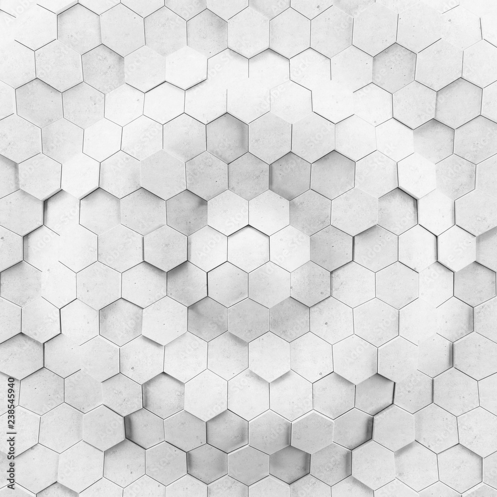 Fototapeta Abstract wave form hexagonal background. Grunge Polygonal Hex geometry white surface . Futuristic technology texture concept. 3d Rendering.