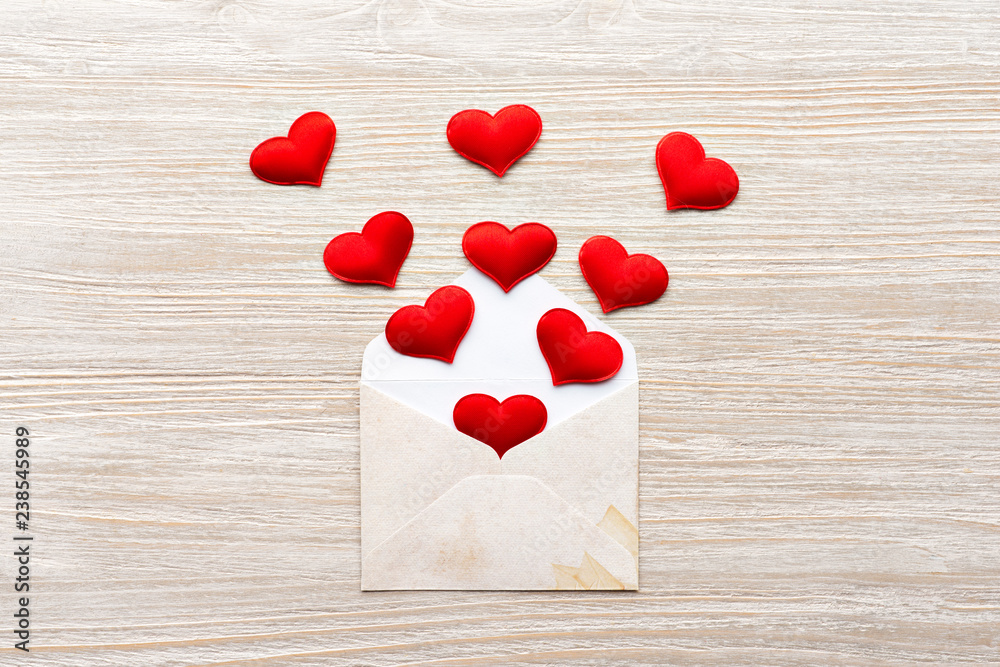 Envelope with hearts top view of the background. Valentine's day. 14 Feb.