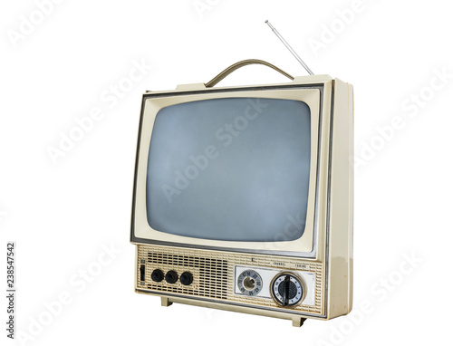 Worn vintage portable television isolated on white with turned off screen.