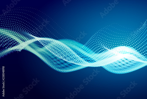 Abstract blue digital landscape with flowing particles. Cyber or technology background.