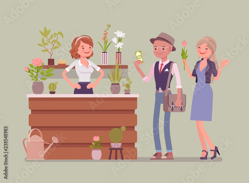 Flower shop lady sells and arranges cut flowers for customers