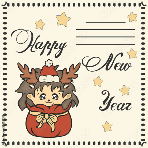 Cute hedgehog in Santa's hat and antler in red bag with gifts vector image isolated. Cartoon hedgehog look out of Santa Claus's sack. Funny hedgehog Children's Xmas mood. Merry Christmas and Happy New