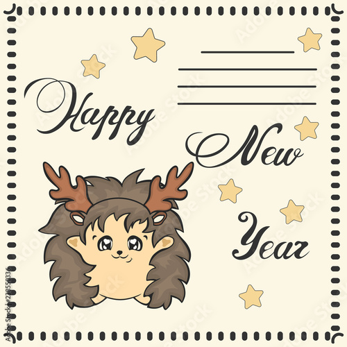 Christmas post card with hedgehog character with antler vector image. Funny hedgehog Children's Xmas design. Merry Christmas and Happy New Year Greeting card image. Hedgehog- deer. Reindeer costume. 