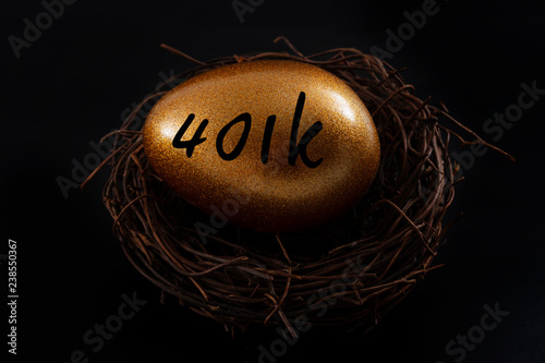 Financial planning, pension fund and retirement plan concept with a golden egg in a nest isolated on black with dark moody high contrast lighting with the text 401k photo