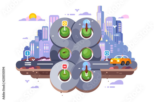 Transport cross road hub on cityscape background