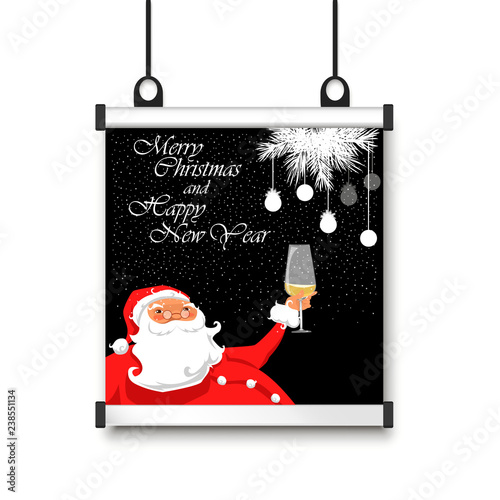merry Christmas. Christmas poster and Santa and champagne