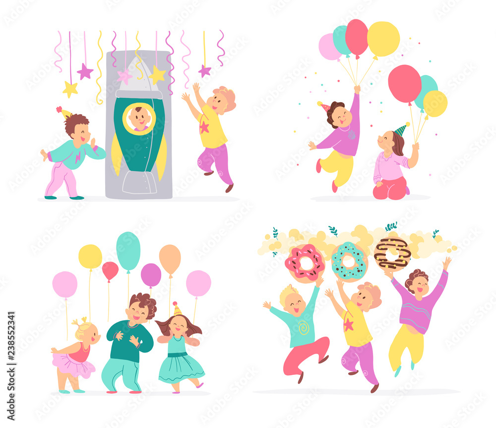 Vector collection of birthday party kids, decor idea elements isolated on white background - balloons, candy, rocket, garland. Flat hand drawn cartoon style. Good for cards, patterns, tags, invitation