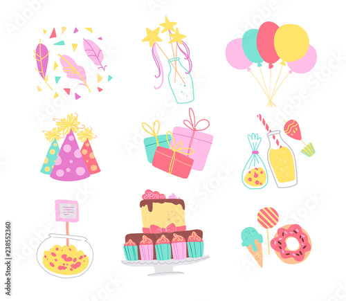 Vector collection of birthday party decor elements - confetti, hat, magic wand, bd cake, candy, balloons, gifts isolated. Flat cartoon style. Good for cards, invitations, patterns, tags, banners etc.