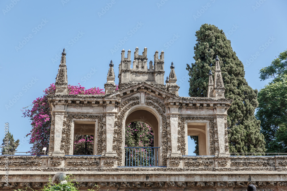 Detail of the facade in Royal Alcazar gardens of Seville Detail of the facade in Royal Alcazar gardens of Seville