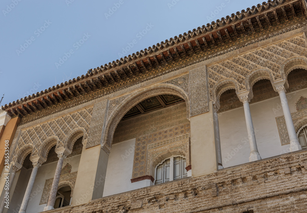 Part of the facade of the Real Alcázar de Sevilla, a Moorish style building