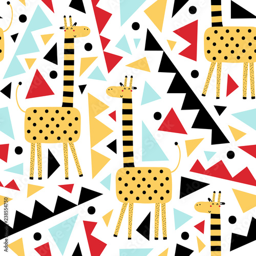 Gute giraffe and geometric shapes. Perfect for kids apparel, fabric, textile, nursery decoration, wrapping paper. Trendy scandinavian vector pattern.