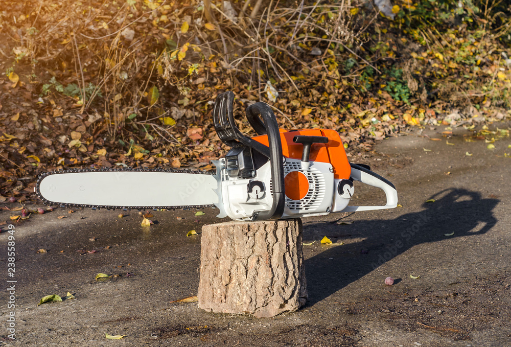 Chainsaw on a stump on the street background