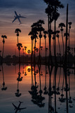 scenic of sunrise skyline with airplane and sugar palm tees