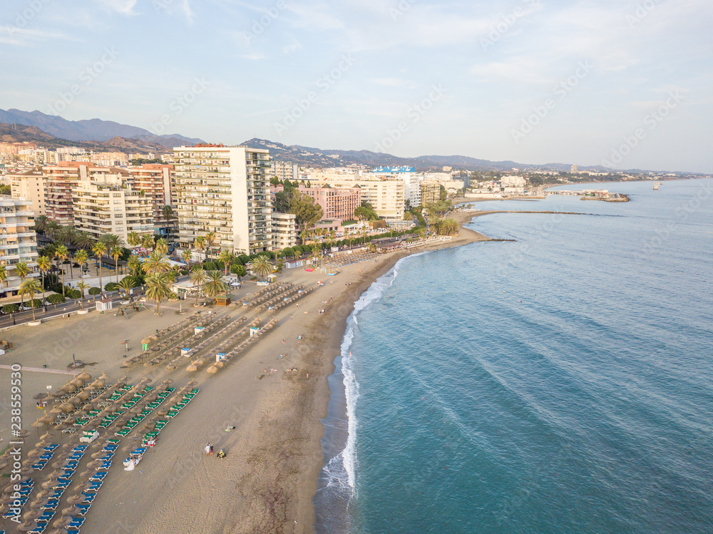 Aerial view of beach and architecture in Marbella, Andalusia, Spain