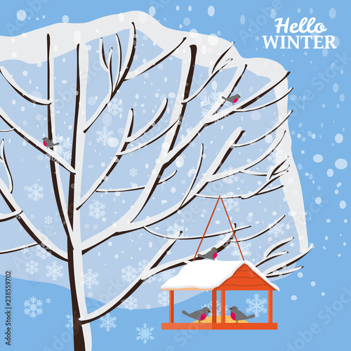 Winter snow landscape, bird feeder with feed, birds, tree covered with snow, vector, illustration, isolated, banner, poster, card, cover for books, magazines, publications