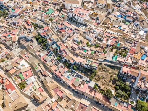 Little Spanish town captured from above  Almodovar del Rio  Andalusia  Spain
