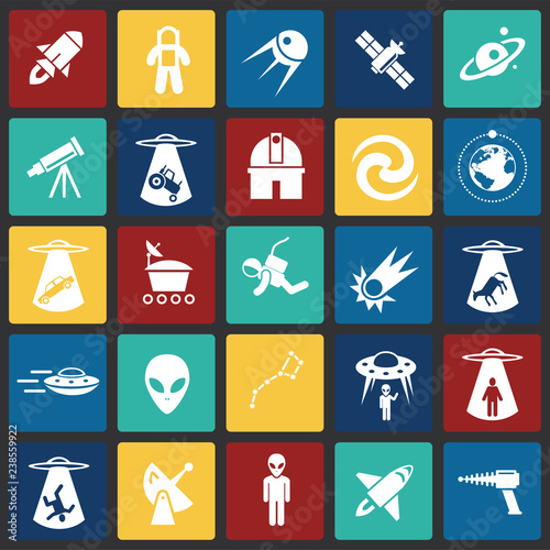 Space icons set on color squares black background for graphic and web design, Modern simple vector sign. Internet concept. Trendy symbol for website design web button or mobile app