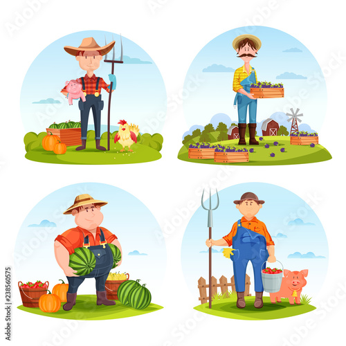 Gardeners and farmers with animals and vegetables