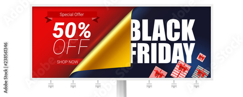 Billboard with ads of Black Friday Sale. Discount 50 percent off. Curved corner of open paper. Decoration elements for shopping actions on Christmas and Black Friday. Gift boxes red ribbon and bow