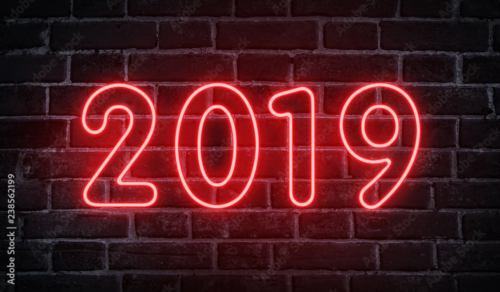 Neon glowing 2019 new year advertising design on wall