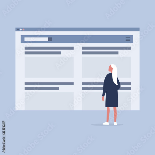 Website layout. Young female character looking at the browser tab. New technologies. Flat editable vector illustration, clip art