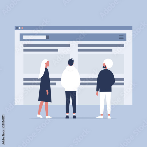 Website layout. Diversity. Group of Characters looking at the browser tab. New technologies. Flat editable vector illustration, clip art
